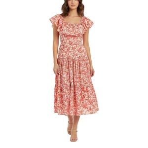 Vintage Cottagecore Coral Pink Floral Print Cotton Midi Dress